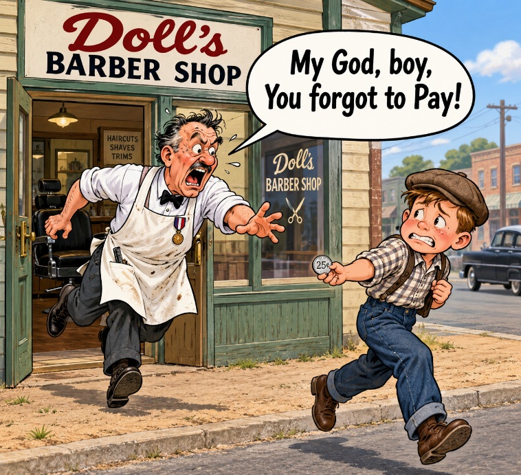 Cartoon of a barber chasing a boy out of Doll's Barber Shop, shouting "My God, boy, You forgot to Pay!"